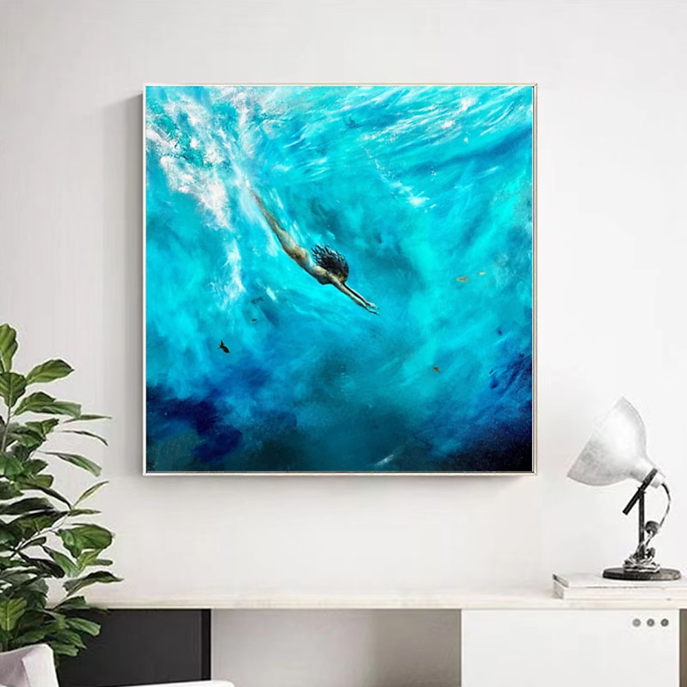 handgemachtes abstraktes schwimmendes Mädchen für Wohnzimmer Wohnkultur handgemalt nordisch modern Mädchen auf dem Wasser Leinwand Gemälde Wand Kunst Geschenk (kein Rahmen) Lightinthebox