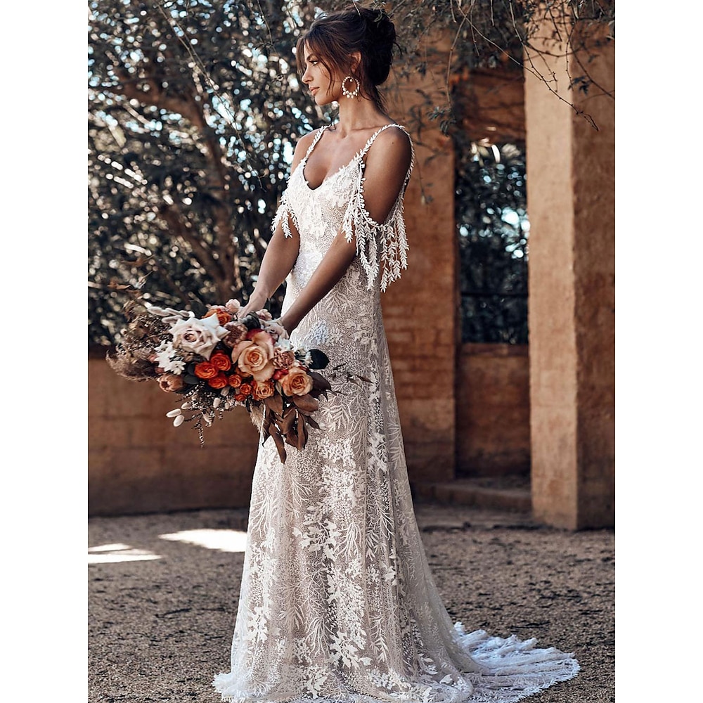 TS Beach Wedding Hall Vintage Brautkleider im Royal-Stil mit offenem Rücken, Ballkleid mit schulterfreiem V-Ausschnitt, normale Träger, Hofschleppe, Satin-Brautkleider mit Falten und Rüschen 2025 Lightinthebox