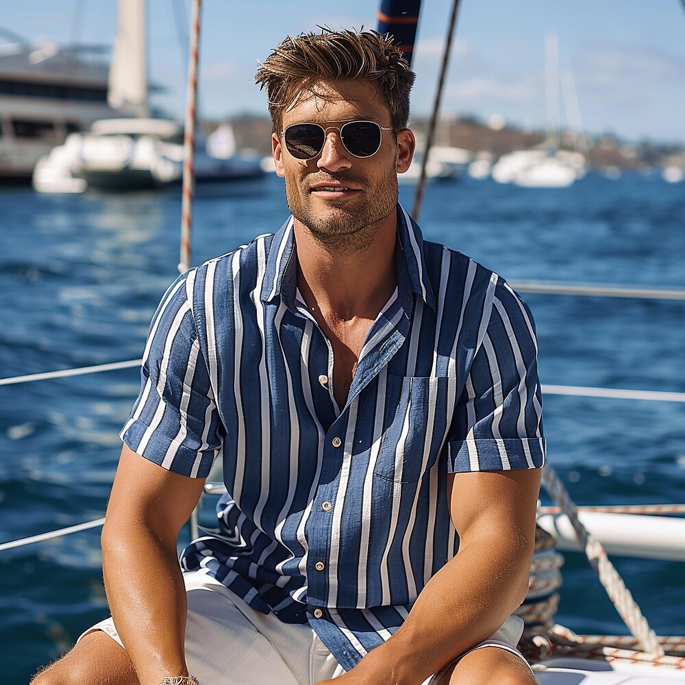 Herren Hemd Sommerhemd Lässiges Hemd Knopfhemd Blau Leicht Blau Kurzarm Streifen Kargen Urlaub Freizeitskleidung Bekleidung Kunstseide Modisch Hawaiianisch Brautkleider schlicht Strand Design Lightinthebox