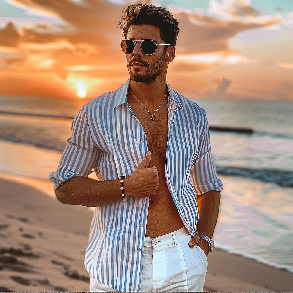 Herren Hemd Sommerhemd Freizeithemd Knopfhemd Schwarz Blau Langarm Streifen Revers Urlaub Alltagskleidung Bekleidung Baumwolle 100% Baumwolle Mode Hawaiianisch Lässig Lightinthebox