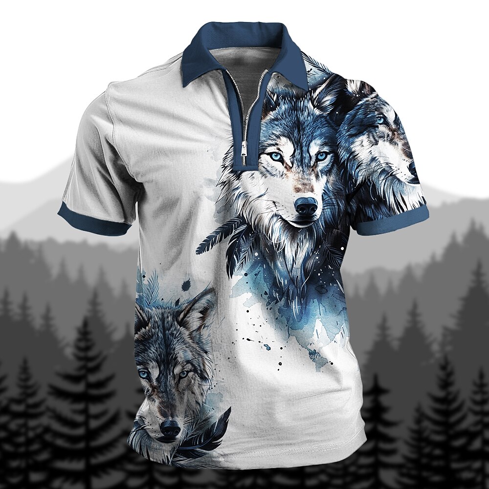 Herren Sommer Wolf Poloshirts mit Reißverschluss Golfshirt Kurzarm Polo-Shirts Hemden mit Kragen Lässig Lustig Streetwear Urlaubskleidung Party-Outfits 3D-Druck Viertelreißverschluss-Poloshirt Lightinthebox