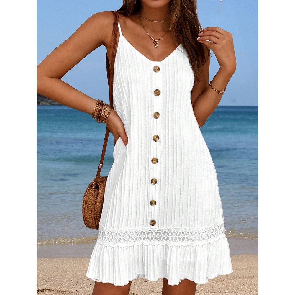 Damen Sommerkleid ärmellos gestreift Spitze V-Ausschnitt Mode lässig Strandparty Rüschensaum leicht atmungsaktiv weiß Lightinthebox
