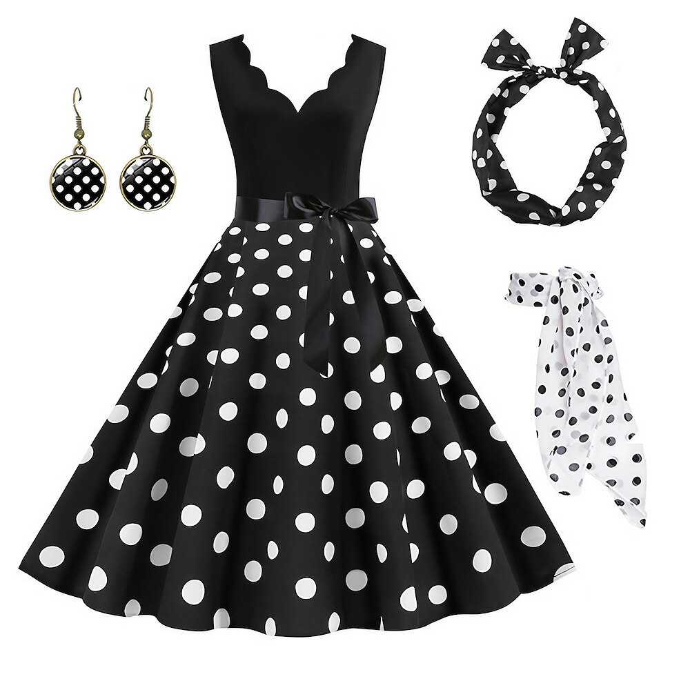 Damen A-Linie Rockabilly-Kleid Polka Dots Swing-Kleid Schlagkleid mit Zubehör-Set 1950er 60er Jahre Retro Vintage mit Stirnband Chiffon-Schal Ohrringe Katzenbrille Sonnenbrille 6-tlg Lightinthebox