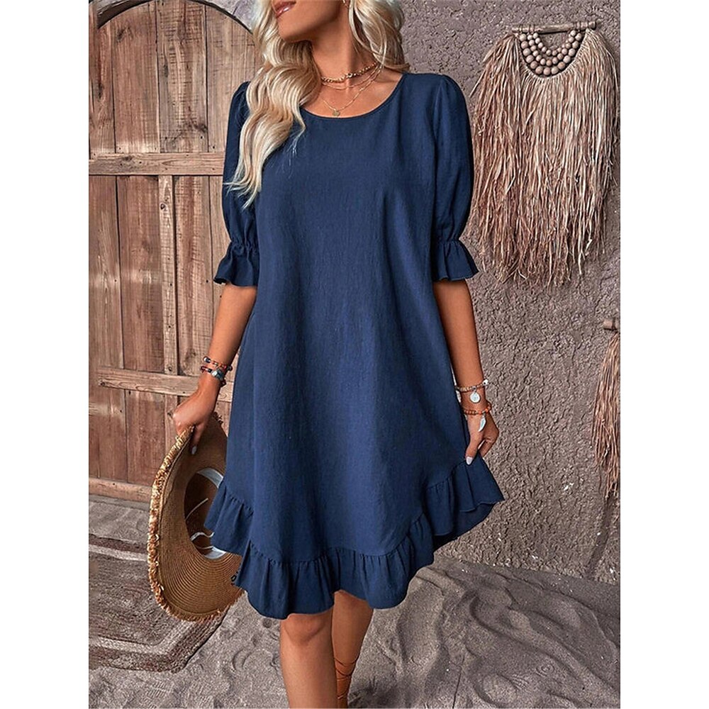 Damen Sommerkleid aus Baumwolle Midikleid Baumwolle Rüschenbesatz Brautkleider schlicht Täglich Urlaub Rundhalsausschnitt Halbe Ärmel Sommer Frühling Schwarz Rote Glatt Lightinthebox