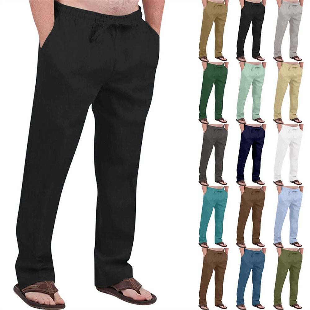 Herren Leinenhose Hose Hosen Sommerhosen Strandhose Tasche Kordelzug Elastische Taille Glatt Komfort Atmungsaktiv Urlaub Täglich Festtage Hawaiianisch Boho Armeegrün Schwarz Lightinthebox