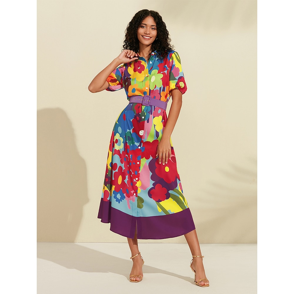 Damen blusenkleid Kleid drucken Midikleid Regenbogen Halbe Ärmel Blumen / Pflanzen Print Mit Gürtel Sommer Hemdkragen Muster-Kleid S M L Lightinthebox