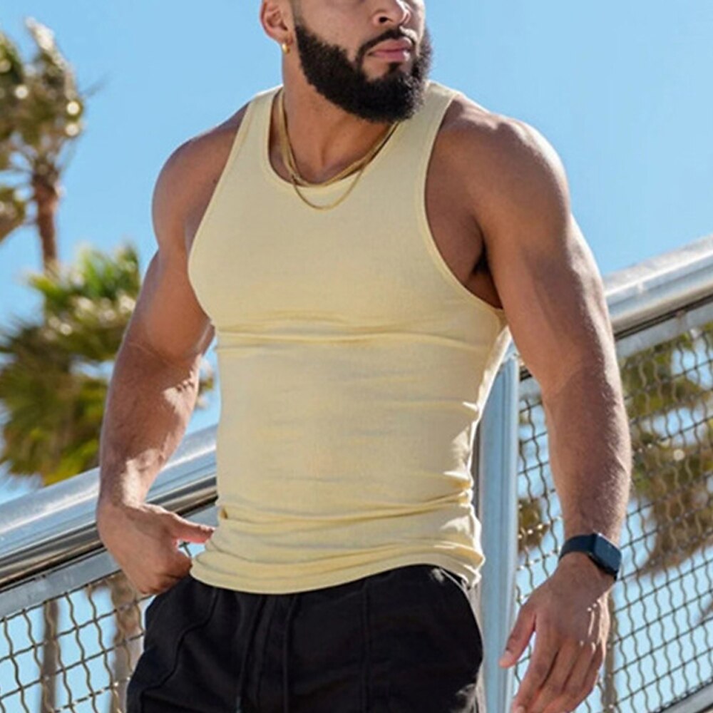 Herren Tank Top Weste Unterhemd Ärmelloses Shirt Ärmellos Rundhalsausschnitt Frühling Sommer Einfach Mode Designer Basic Urlaub Straße Ausgehen Hellgelb Schwarz Weiß Top T-Shirt für Herren Lightinthebox