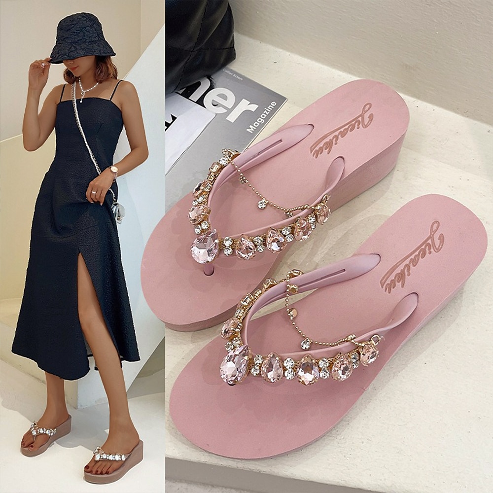 Rosa Flip-Flops mit Keilabsatz und Strasssteinen für Damen - stylische Strandsandalen für den Sommer und die Freizeit Lightinthebox