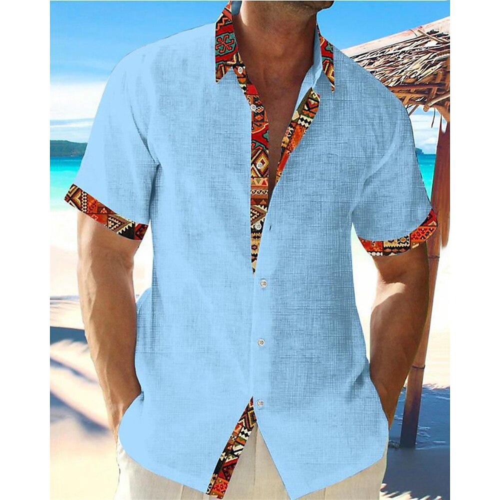 Herren Hemd Sommerhemd Knopfhemd Lässiges Hemd Strandhemd Weiß Rosa Himmelblau Grau Kurzarm Farbblock Stammes Kargen Hawaiianisch Festtage Spleißen Bekleidung Modisch Brautkleider schlicht Komfortabel Lightinthebox