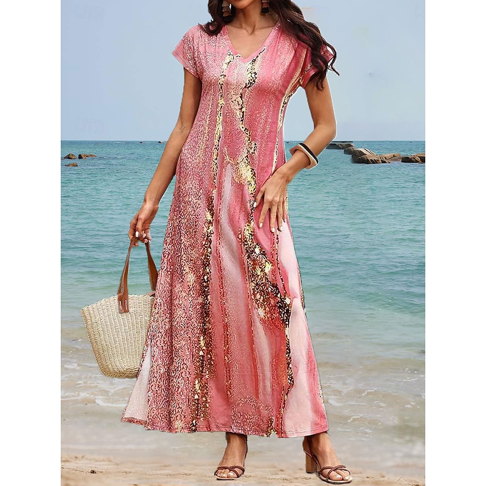 Damen Freizeitkleid Ombre Marmor Split Print V-Ausschnitt Maxikleid Boho Urlaub Kurzarm Sommer Lightinthebox