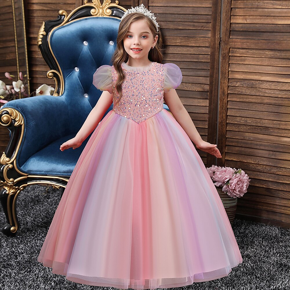 kinderkleidung Mädchen Blumenmädchen Kleid Kleid Party Kleid Pailletten Kurzarm Hochzeit Geburtstag Prinzessin Süß Polyester Gitter Sommer Frühling Herbst 3-12 Jahre Mehrfarbig Rosa Blau Lightinthebox