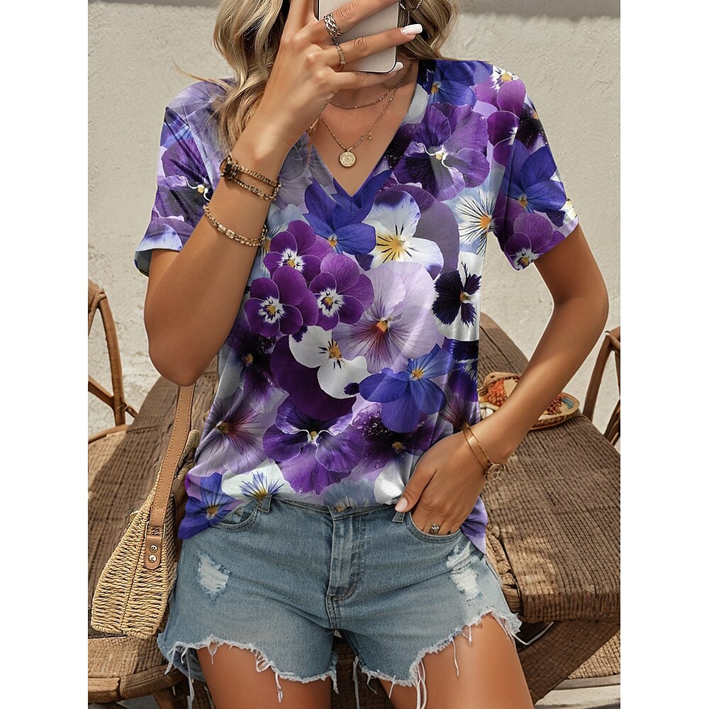 Damen T Shirt Bedruckt Täglich Modisch Kurzarm V Ausschnitt Marineblau Sommer Lightinthebox