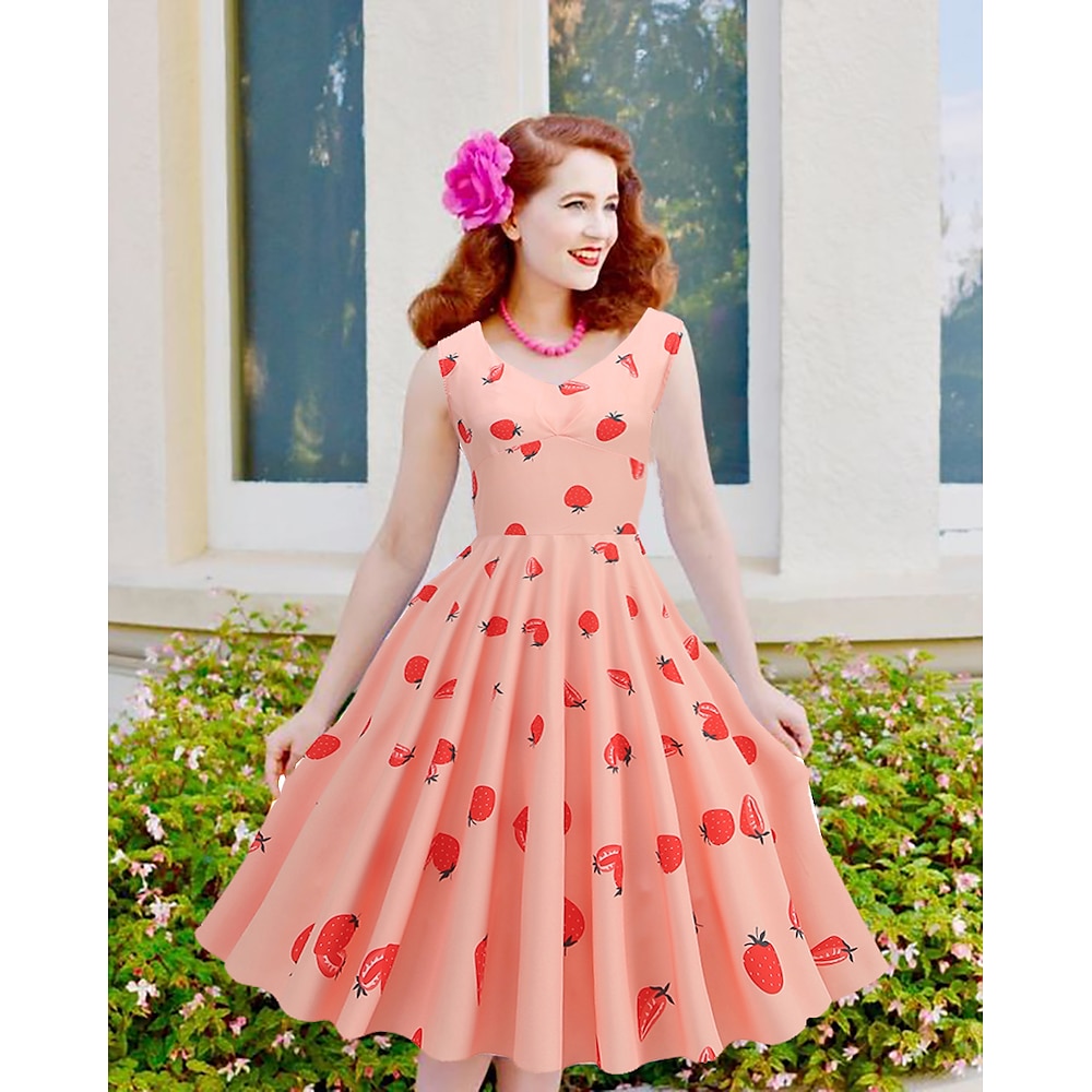 Retro Vintage 1950s Kleid A-Linie Kleid Swing-Kleid Mittag Damen Erdbeere Kirsche Blume Maskerade Maskerade Verabredung Party / Cocktail Erwachsene Kleid Homecoming-Kleider Lightinthebox