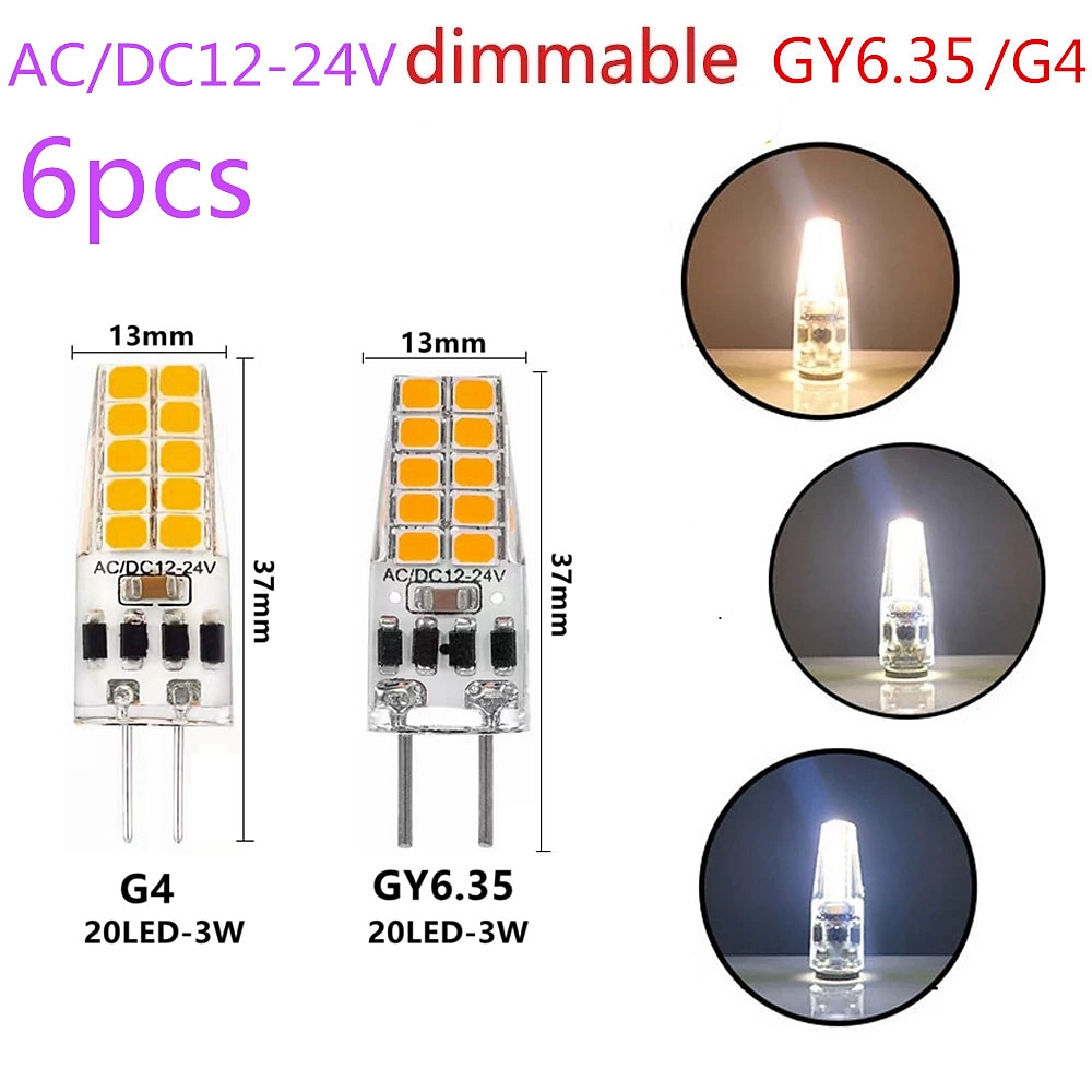 6 stücke/10 stücke dimmbare led-lampe g4 gy6.35 ac/dc12-24v 3w 20led energiesparende silikon licht 360 grad ersetzen halogen lampe Lightinthebox