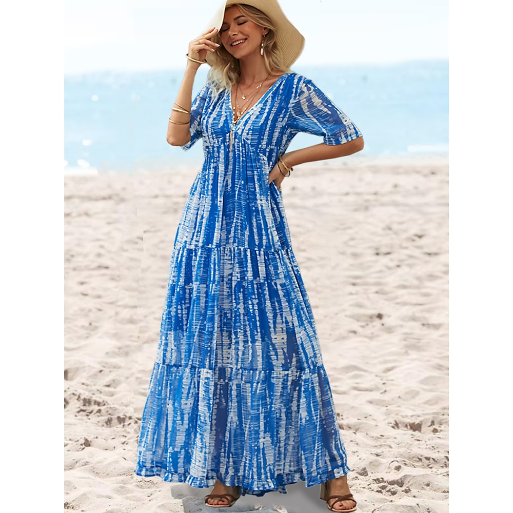 Damen Casual kleid Chiffon-Kleid Schaukelkleid Sommerkleid Strassenmode Maxi Batik kleid lang Kurzarm V Ausschnitt Bedruckt Lockere Passform Urlaub Strasse Festtage Blau Sommer Lightinthebox