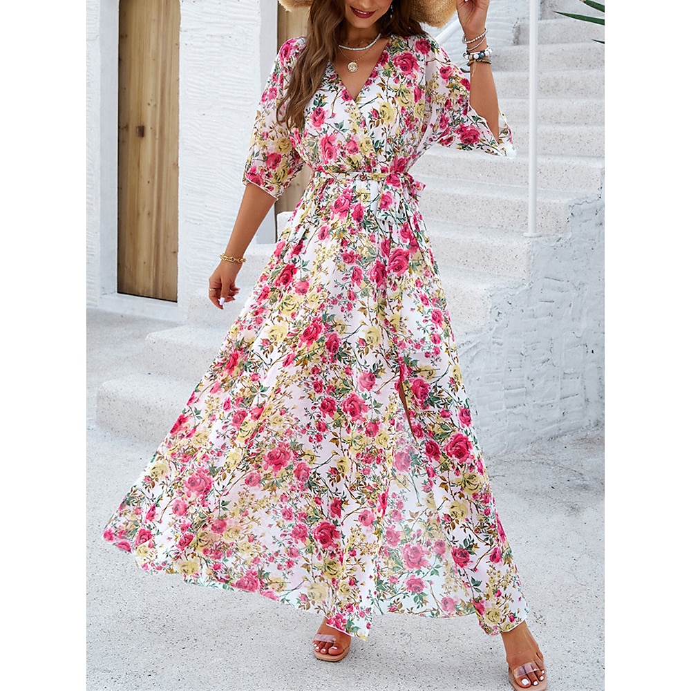 Damen kleid lang Casual kleid Schaukelkleid A Linie Kleid Sommerkleid Böhmen Stilvoll Urlaub Täglich Verabredung Regular Fit Blumen 3/4 Ärmel V Ausschnitt Weiß Rosa Königliches Blau Blau Sommer Lightinthebox