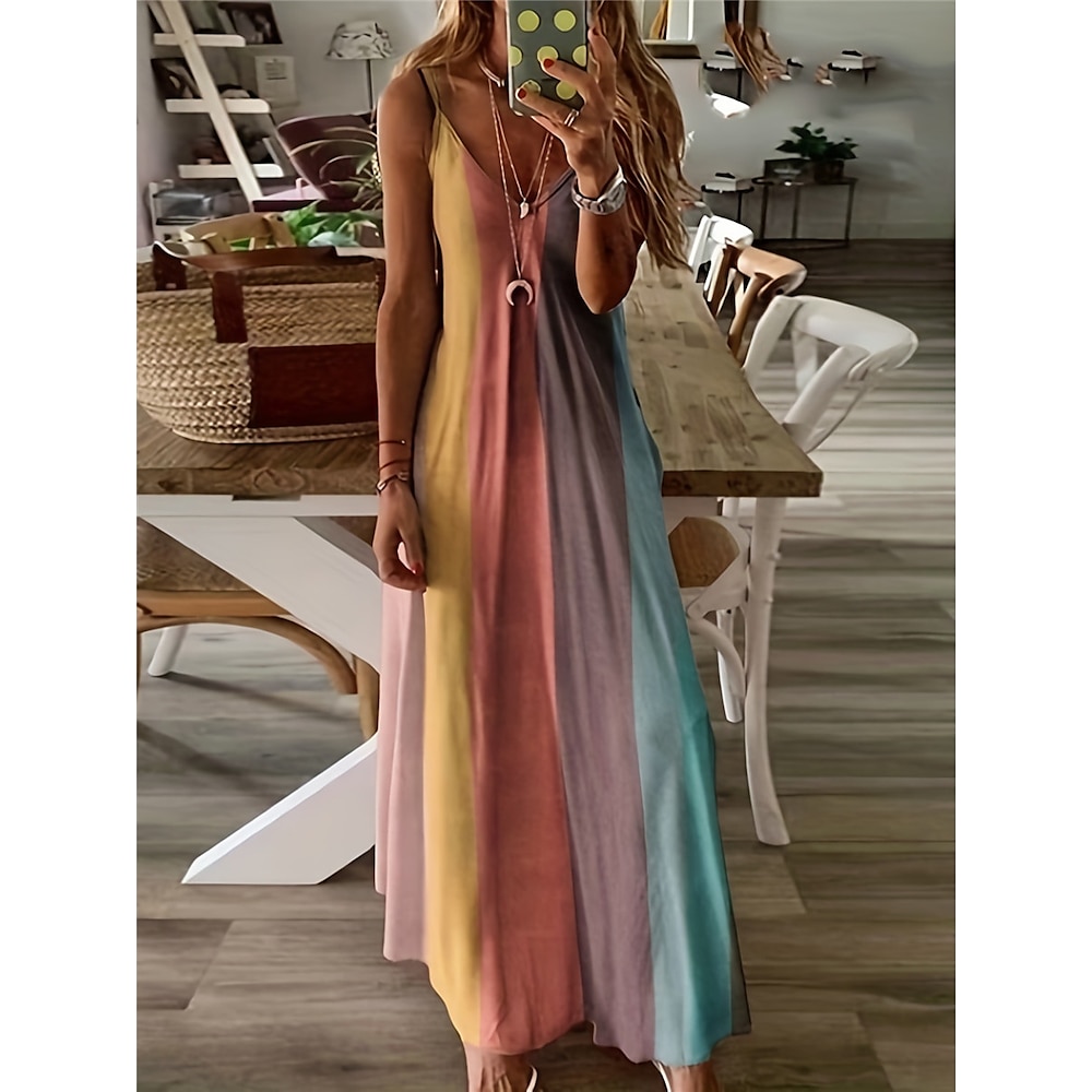 Maxikleid für Damen, ärmellos, Farbverlauf, pastellfarbener Regenbogen, Rundhalsausschnitt, fließend, Bohème-Stil, lässige Sommer-Strandmode, normale bis große Größe Lightinthebox