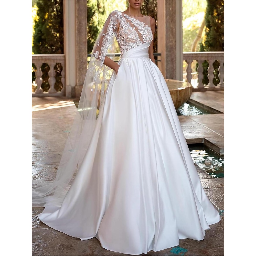 TS Hall Vintage Brautkleider im Royal-Stil mit offenem Rücken, Ballkleid mit schulterfreiem V-Ausschnitt, normalen Trägern, Kapellenschleppe, Satin-Brautkleider mit Falten und Rüschen 2025 Lightinthebox