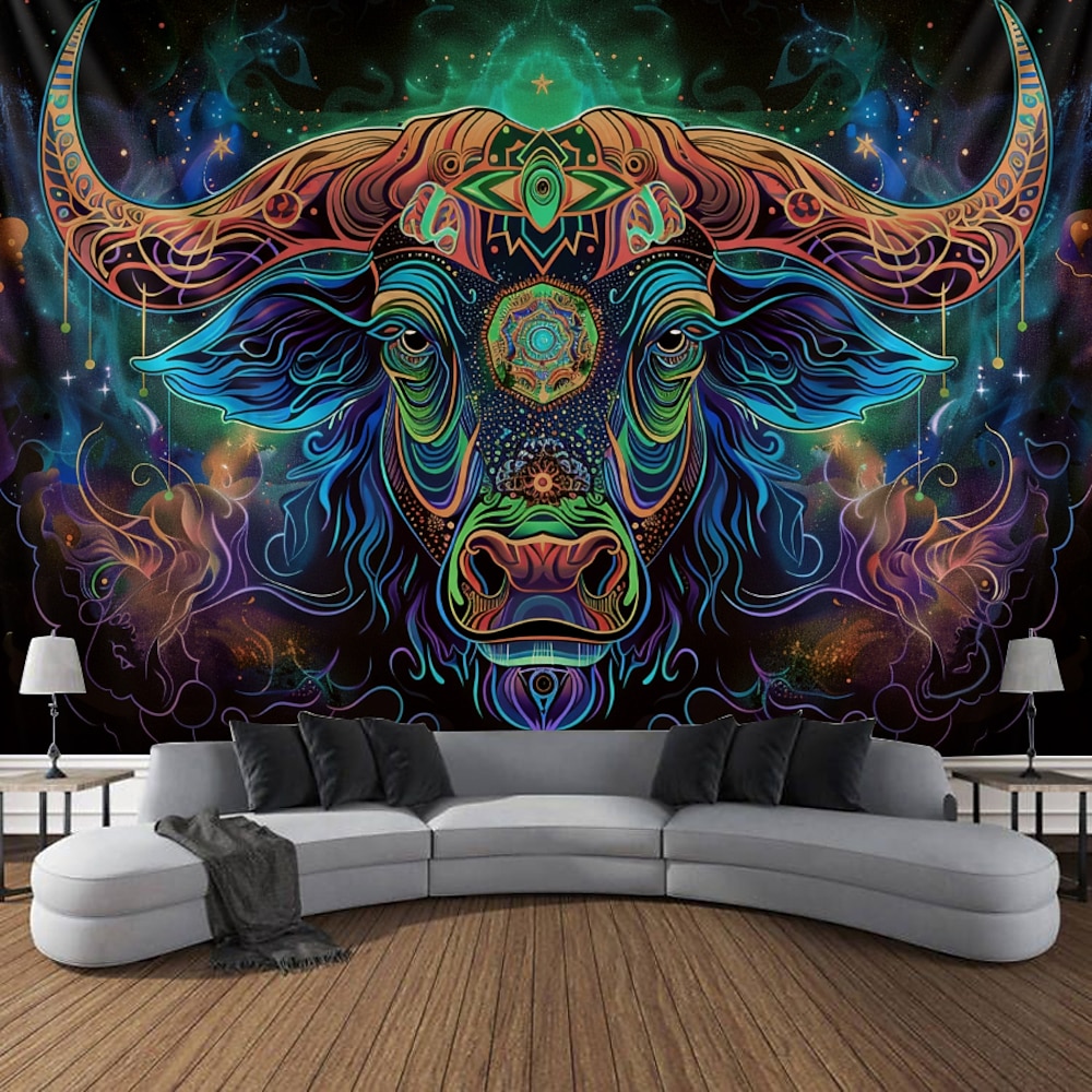 Schwarzlicht Wandteppich UV reaktiv im Dunkeln leuchtend Party Neon Stier Tier psychedelisch trippig neblig hängender Wandteppich Wandbild für Wohnzimmer Schlafzimmer Lightinthebox