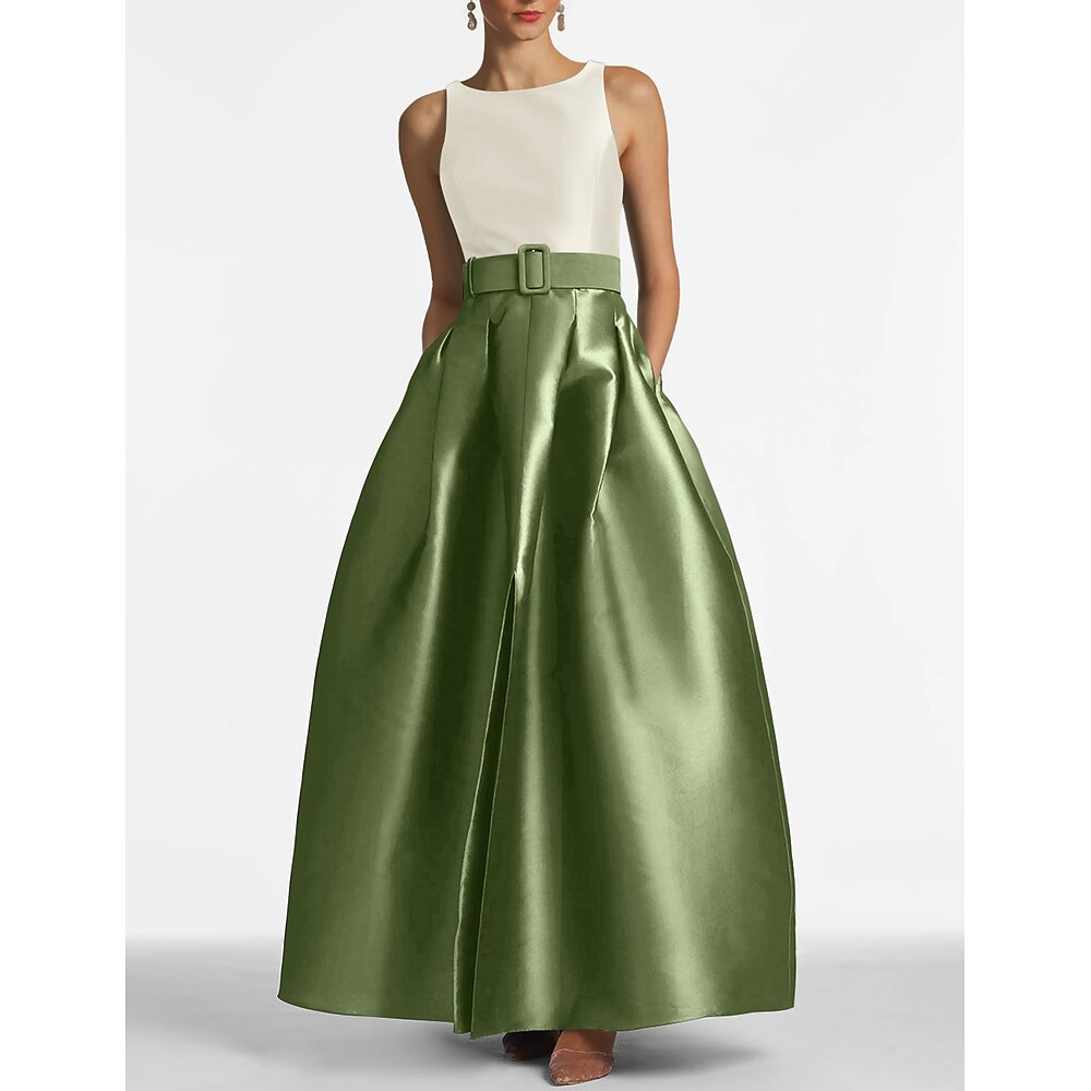 A-Linien-Abendkleid mit hohem Schlitz, formelles Hochzeitsgast-Kleid in Bodenlänge, ärmellos, Schmuckhals, Gürtel/Schärpe, Satin mit Falten, Schlitz, Weihnachtskleid 2024 Lightinthebox