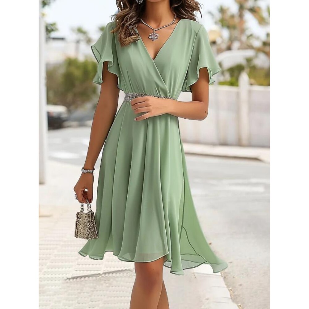 Damen Kleid der Brautjungfer Midikleid Chiffon Gespaltener Oberschenkel kleid hochzeitsgast Cocktailparty Elegant V Ausschnitt Kurzarm Volantärmel Rosa Blau Grün Farbe Lightinthebox