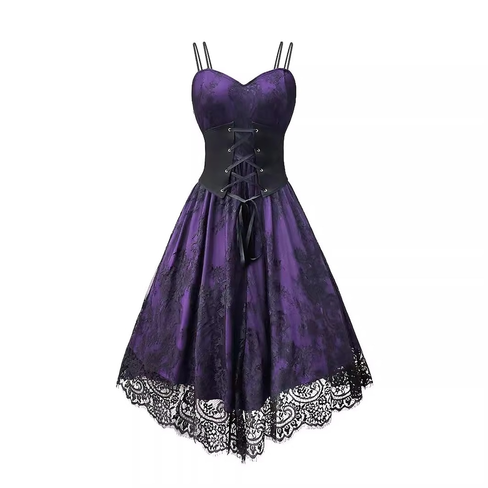 Retro Vintage Punk Gothic Swing-Kleid Flare-Kleid Damen Spitze Feste Farbe A-Linie Maskerade Tee-Party Casual Erwachsene Kleid Lightinthebox