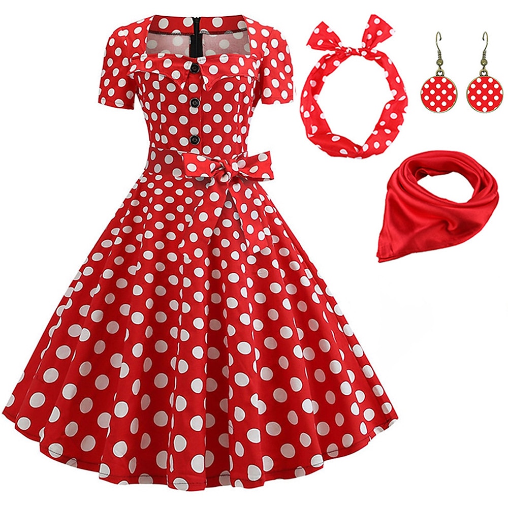 Damen A-Linie Rockabilly-Kleid Polka Dots Swing-Kleid Schlagkleid mit Zubehör-Set 1950er 60er Jahre Retro Vintage mit Stirnband Chiffon-Schal Ohrringe Katzenbrille Sonnenbrille 6-tlg Lightinthebox