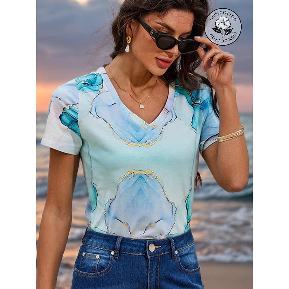 Damen T Shirt Druck Marmordruck Normale Oberteile Kurzarm Rundhalsausschnitt Bedruckt Lockere Passform Casual Täglich Himmelblau Ganzjährig Lightinthebox