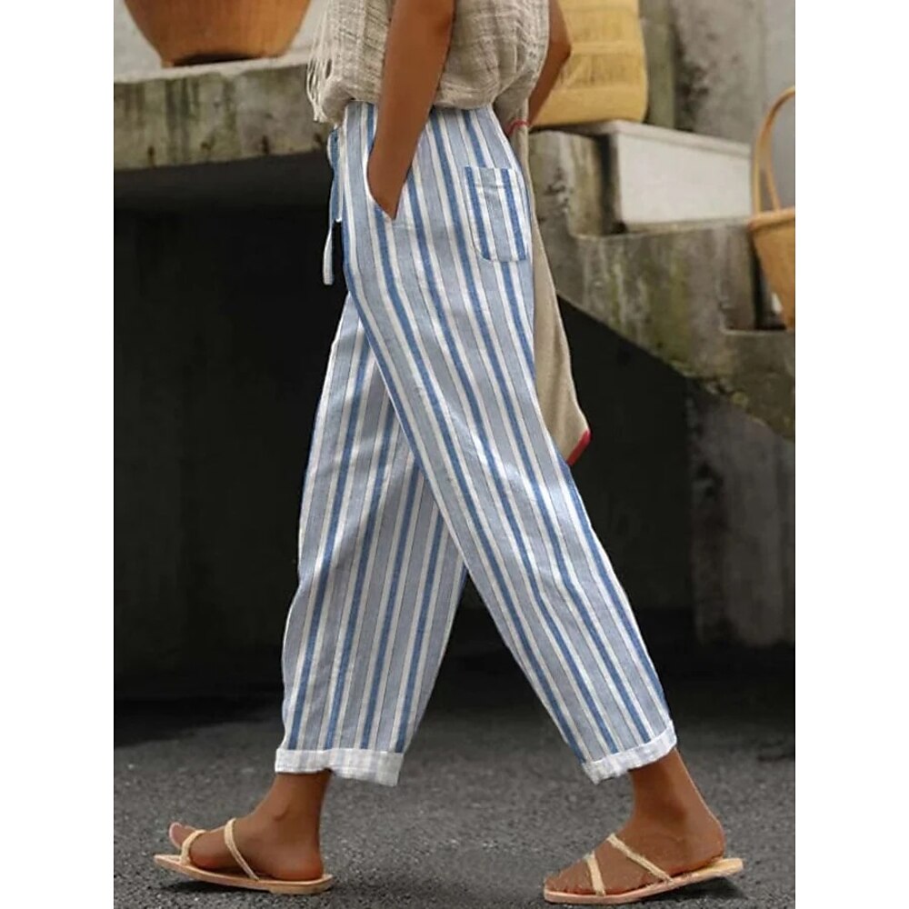 Damen Hose aus Baumwollleinen Hosen Hose Alltagstauglich Lang Gestreift Kordelzug Seitentaschen Atmungsaktivität Bequem Unelastisch Wochenende Blau Frühling Sommer Normale Passform Lightinthebox