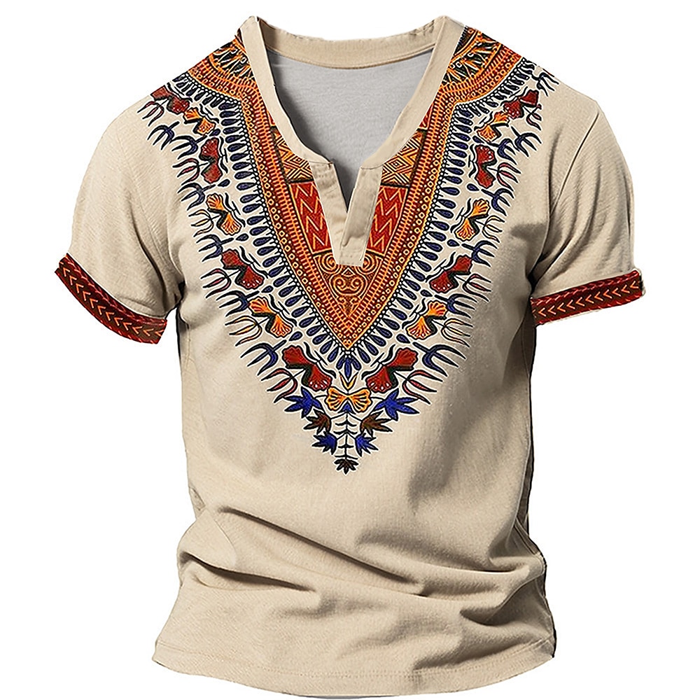 Herren Afrikanisches Muster T Shirt Henley Shirt Kurzarm 3D-Druck Designer Ethnisch Casual Täglich Sommer Khaki Grau V Ausschnitt Henley Henley T-Shirt Lightinthebox