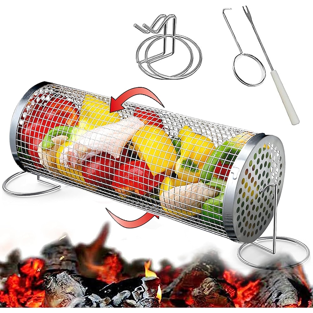 Rollbarer Grillkorb mit festem Boden, drehbarer Grillkorb für Gemüse, Grillgitterkorb aus Edelstahl für Grill im Freien, Fisch, Gemüse, Garnelen, Drehspieß, Pommes, tragbarer Campinggrill Lightinthebox