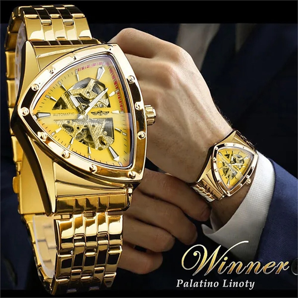 Gewinner Dreieck Skelett Automatikuhr Edelstahl Herren Business Casual unregelmäßiges Dreieck mechanische Armbanduhr goldene Punk-Stil männliche Uhr Lightinthebox