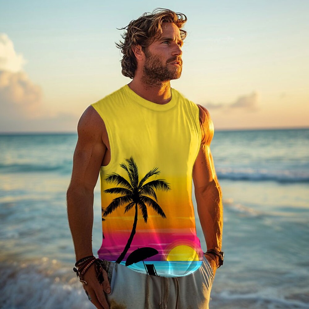 Herren Graphic Kokusnuss-Palme Shirt Ärmelloses T-Shirt für Männer Ärmellos T-Shirt 3D-Druck Rundhalsausschnitt Hemd Urlaub Tropisch Designer Party Täglich Fitnessstudio Gelb Frühling Sommer Lightinthebox