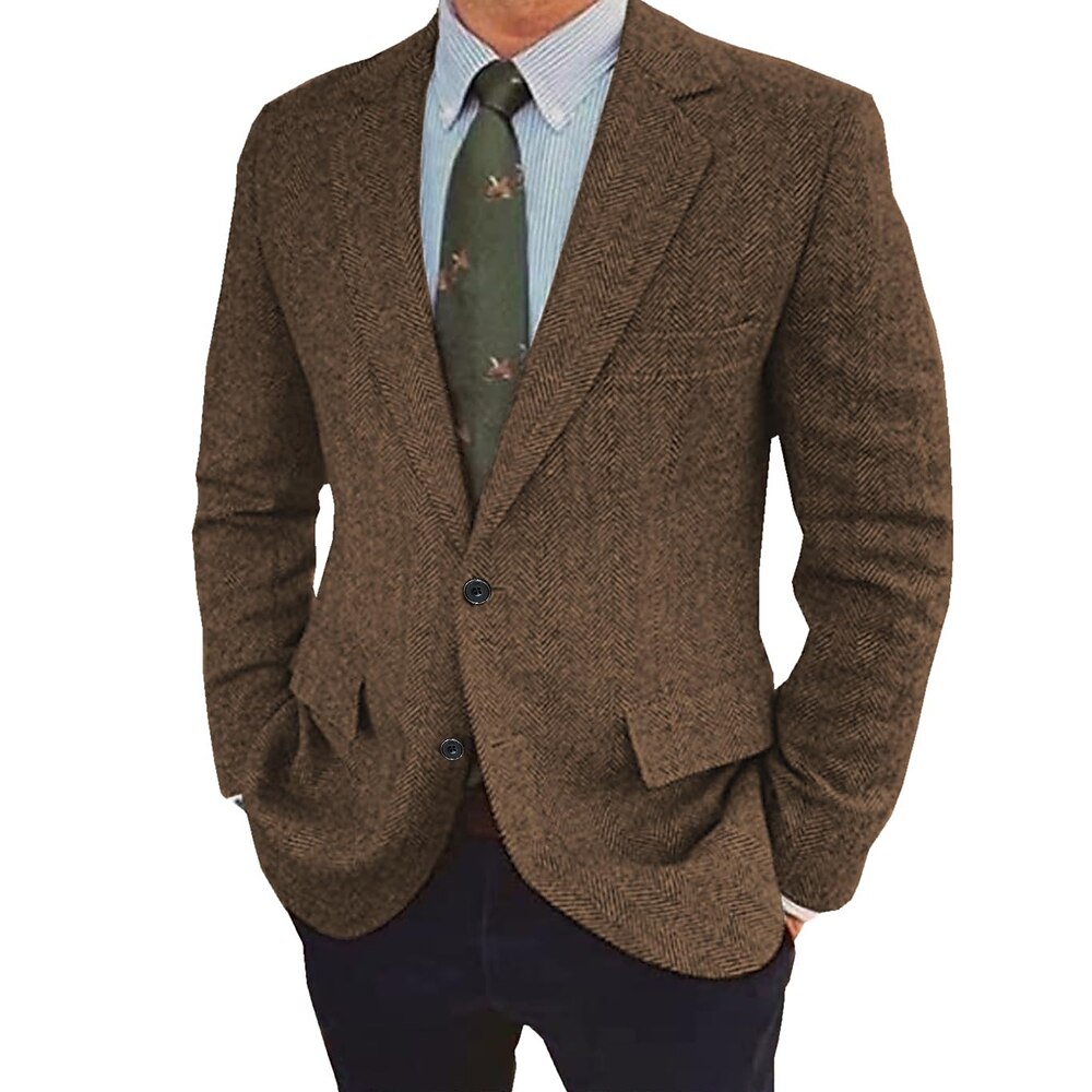 Herren-Blazer aus Tweed mit Fischgrätenmuster, Retro-Vintage-Jacke, Winter, normal, Übergröße, einreihig, zwei Knöpfe, braun, schwarz, blau, 2024 Lightinthebox