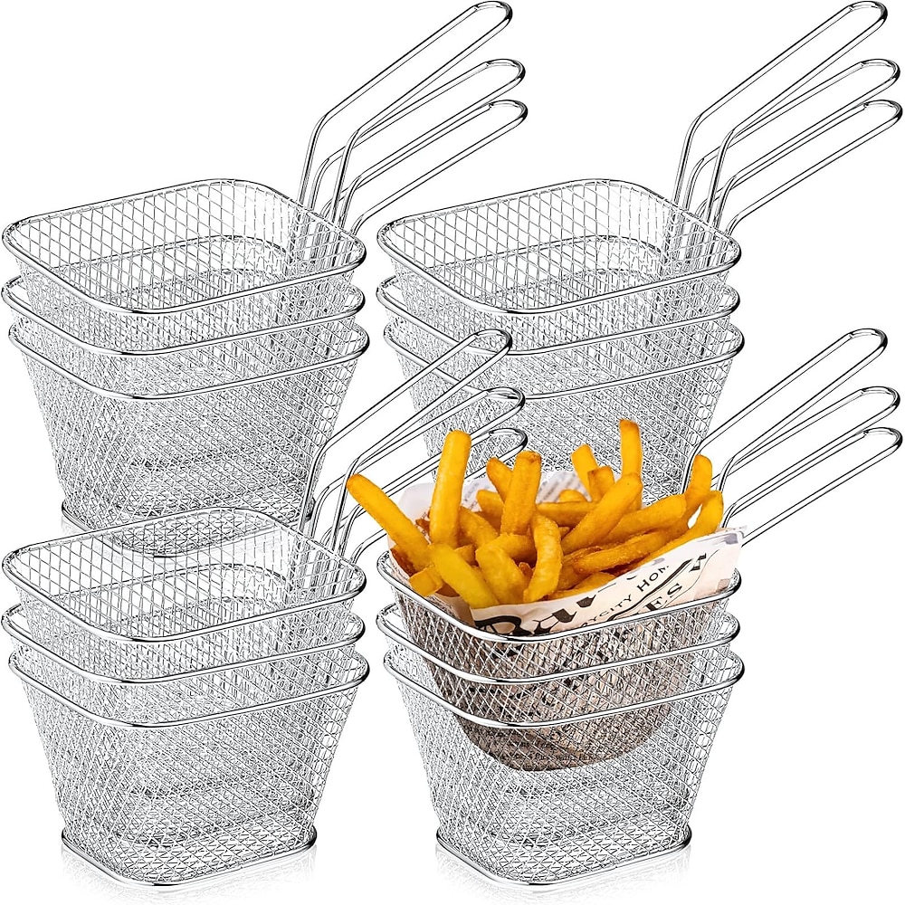 12 Stück Mini-Frittierkorb, quadratisch, Pommes-Frites-Korb aus Stahl, Lebensmittelkörbe zum Servieren, Frittierkorb aus Edelstahl mit Griff, wiederverwendbarer Pommes-Frites-Halter, Mini-Fritteuse Lightinthebox