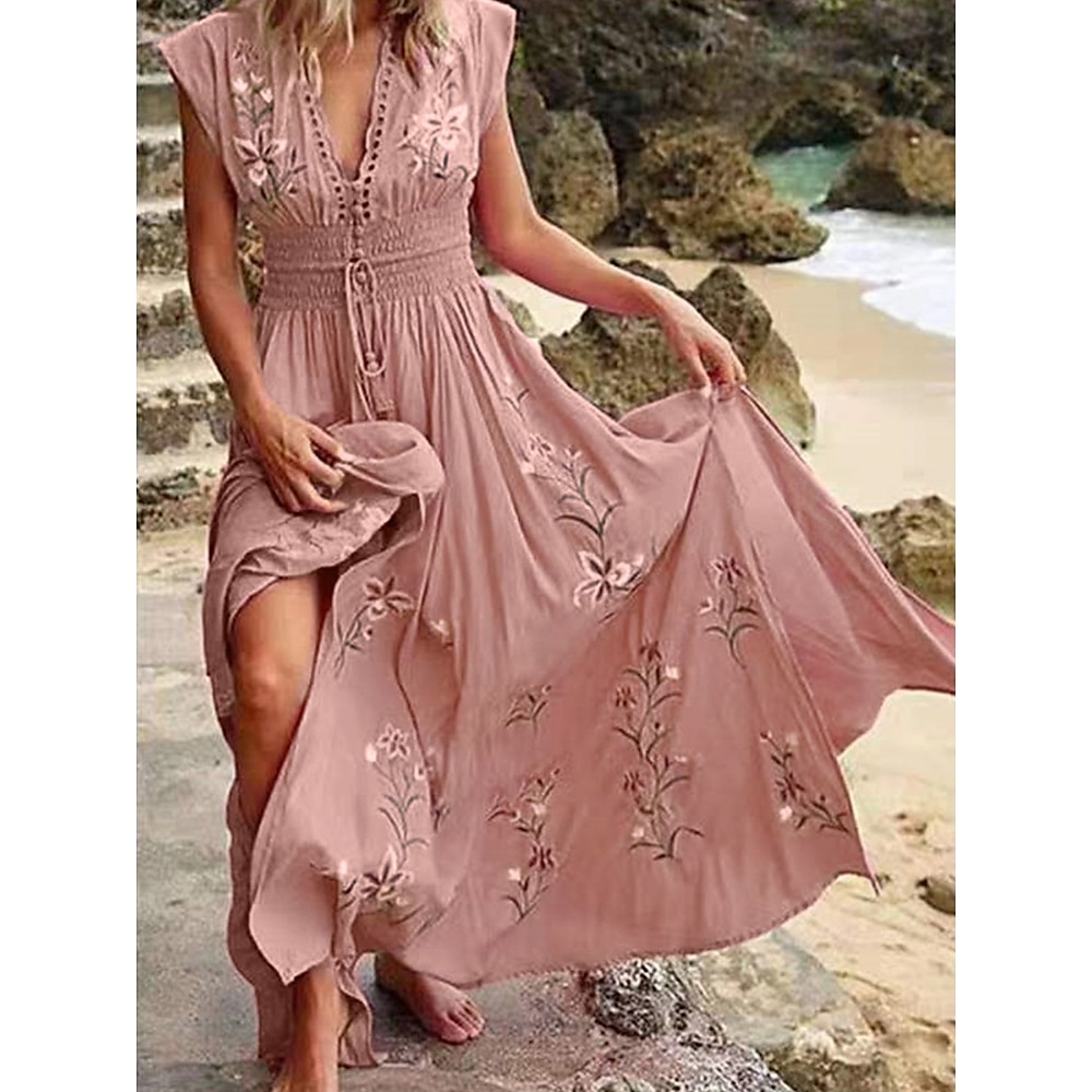 Damen-Midikleid im Bohemian-Stil mit V-Ausschnitt, Blumenstickerei, elastische Taille, Kordelzug, kurze Ärmel, Strandurlaub, rosa, bequem, normale Passform, lässige Sommerkleidung Lightinthebox