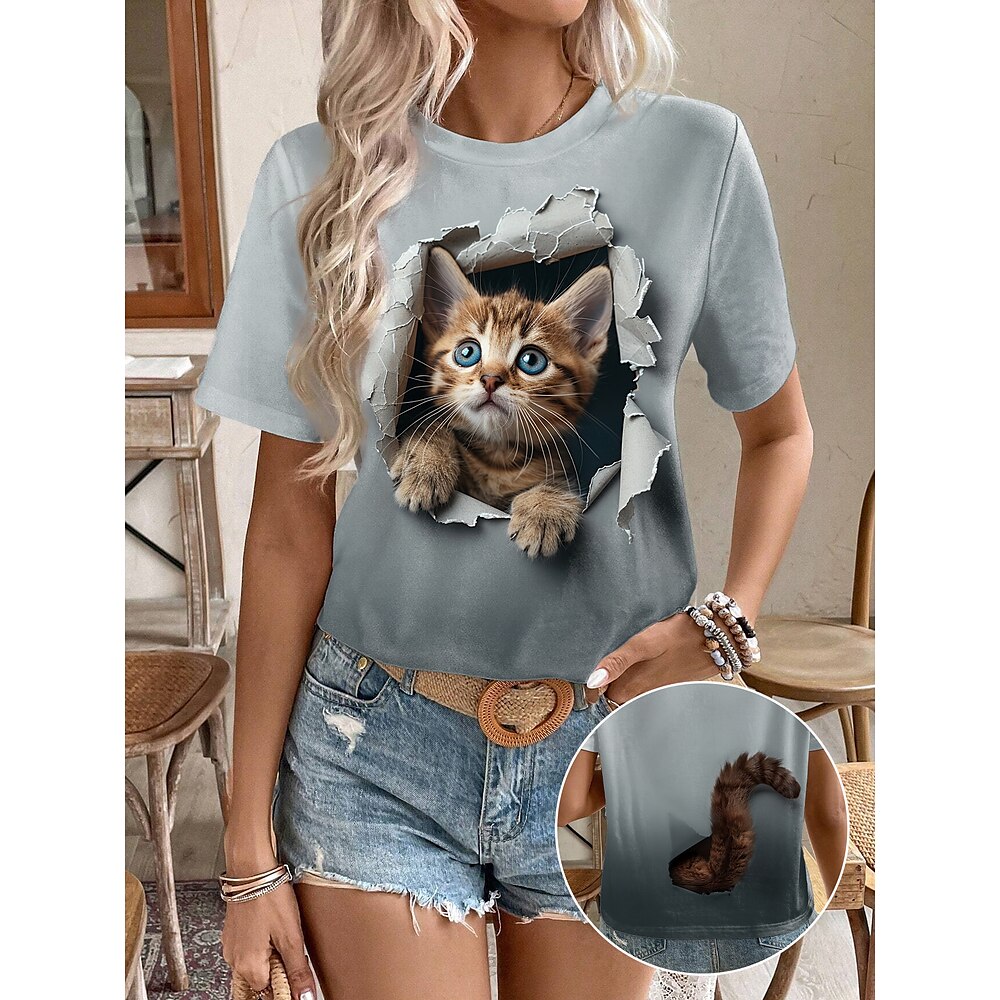 Damen T-Shirt mit modischem Katzen-Print, kurzärmlig, normale Oberteile, Rundhalsausschnitt, für den Alltag, Wochenende, grau, Sommer, 3D-Katze Lightinthebox