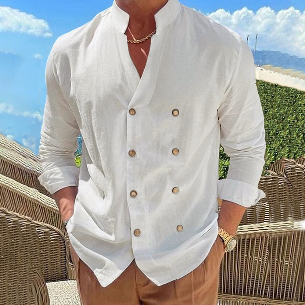 Herren Hemd leinenhemd Popover-Shirt Sommerhemd Strandbekleidung Knopfhemd Glatt Urlaub Curise Schwarz Blau Beige Langarm Stehkragen Frühling Sommer Bekleidung Lightinthebox