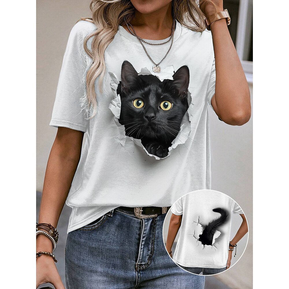 Damen-T-Shirt, lässig, kurzärmlig, Rundhalsausschnitt, Katze, 3D-Druck, Illusion, Grafik, Neuheit, T-Shirt, weiß, atmungsaktiv, weich, bequem, Sommer, Alltagskleidung, Kleidung für Tierliebhaber Lightinthebox