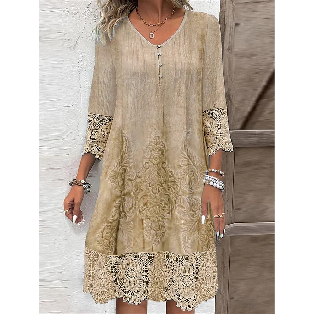 Damen Freizeitkleid Boho Spitzendetail V-Ausschnitt Dreiviertelärmel Vintage Muster entspannte Passform Beige Hellbraun Leinenmischung Frühling Herbst Normalgröße Outdoor Tageskleidung Lightinthebox