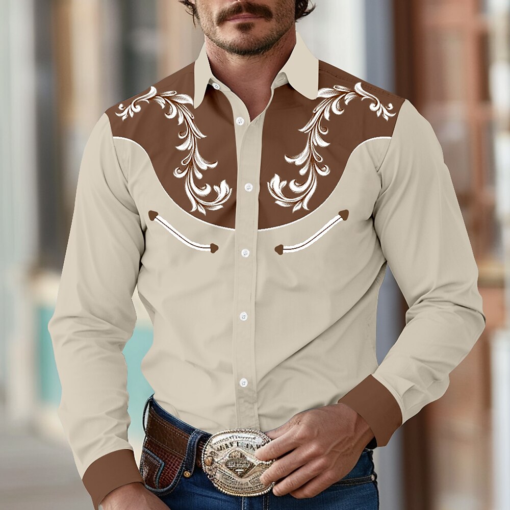 Herren Hemd Westernhemd Cowboy-Shirt Langarm Vintage westlicher Stil Outdoor Strasse Casual Herbst Winter Umlegekragen Knopf Bedruckt Schwarz Khaki Lightinthebox