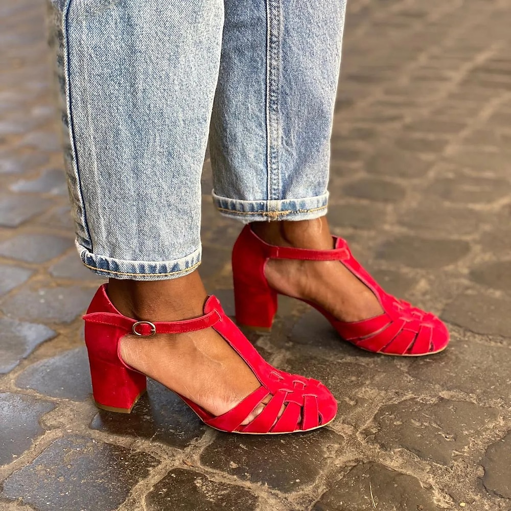 rote Wildleder-Pumps mit T-Riemchen und Blockabsatz für Damen - Vintage-Stil, bequeme Passform für Freizeit- und Abendgarderobe Lightinthebox