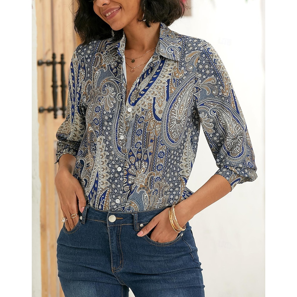 Damen Shirt Elegant Vintage Fashion Paisley Knöpfe Druck Lange Ärmel Reguläre Tops Hemdkragen Lässig Täglich Urlaub Blau Frühling Herbst Lightinthebox