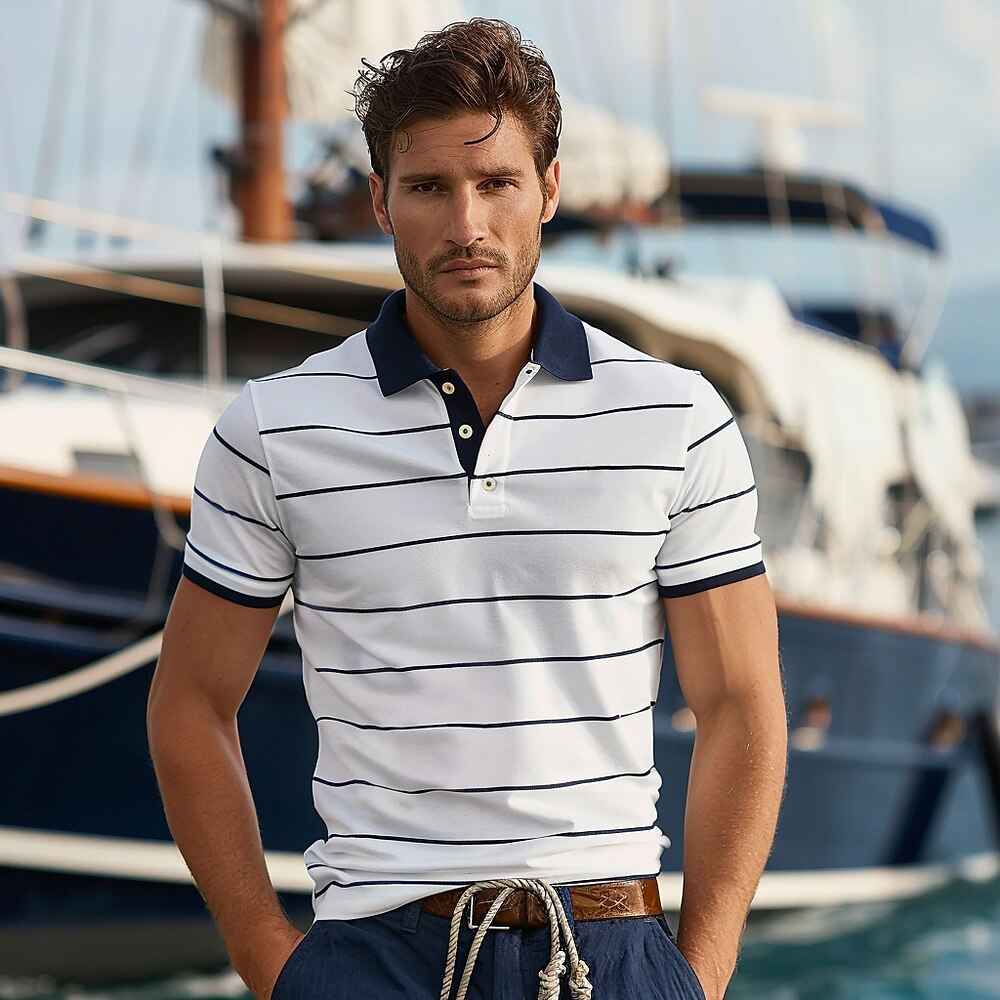 Herren Lässig Sport Revers Kurzarm Hawaiianisch Strand Grafik Schiff Knöpfe Sommer Marineblau Lightinthebox