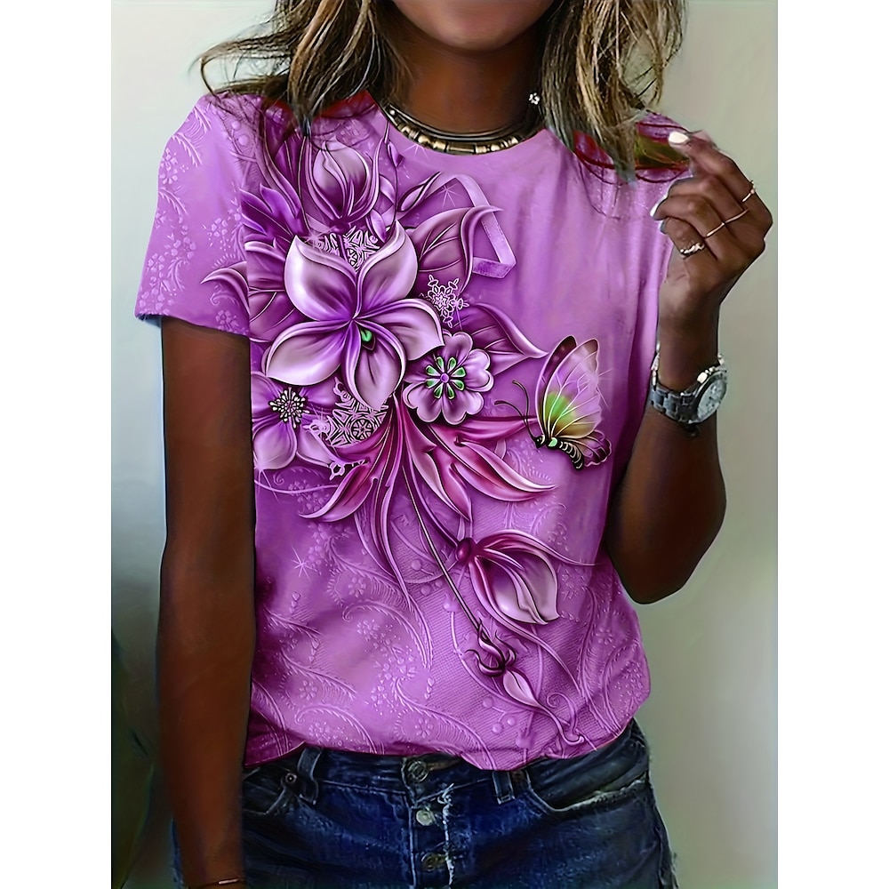 Damen-T-Shirt mit Blumenmuster, Rundhalsausschnitt, kurze Ärmel, 3D-Schmetterlingsdruck, elegante Freizeitkleidung, Frühling/Sommer, bequeme Passform, lila, modisches Oberteil in mehreren Größen Lightinthebox