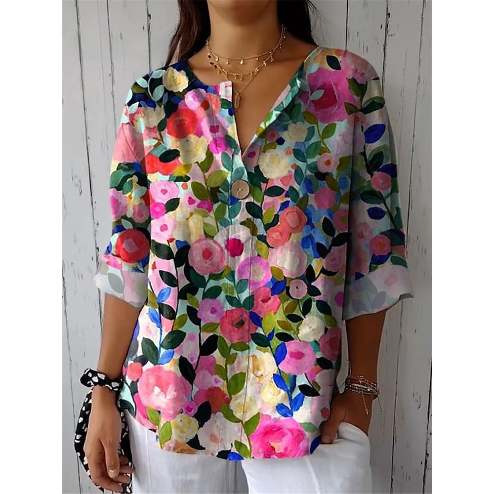 Damen Hemd Bluse aktiv modern Blumenknöpfe Druck 3/4 Länge Ärmel normale Oberteile V-Ausschnitt Alltag rosa rot grün rosa pink Sommer Lightinthebox