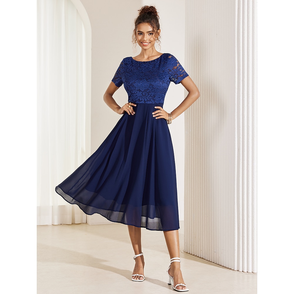 Damen A Linie Kleid Midikleid Chiffon Kontrastspitze Rüschensaum kleid hochzeitsgast Cocktailparty Elegant Ausgefallene Rundhalsausschnitt Kurzarm Dunkelblau Farbe Lightinthebox