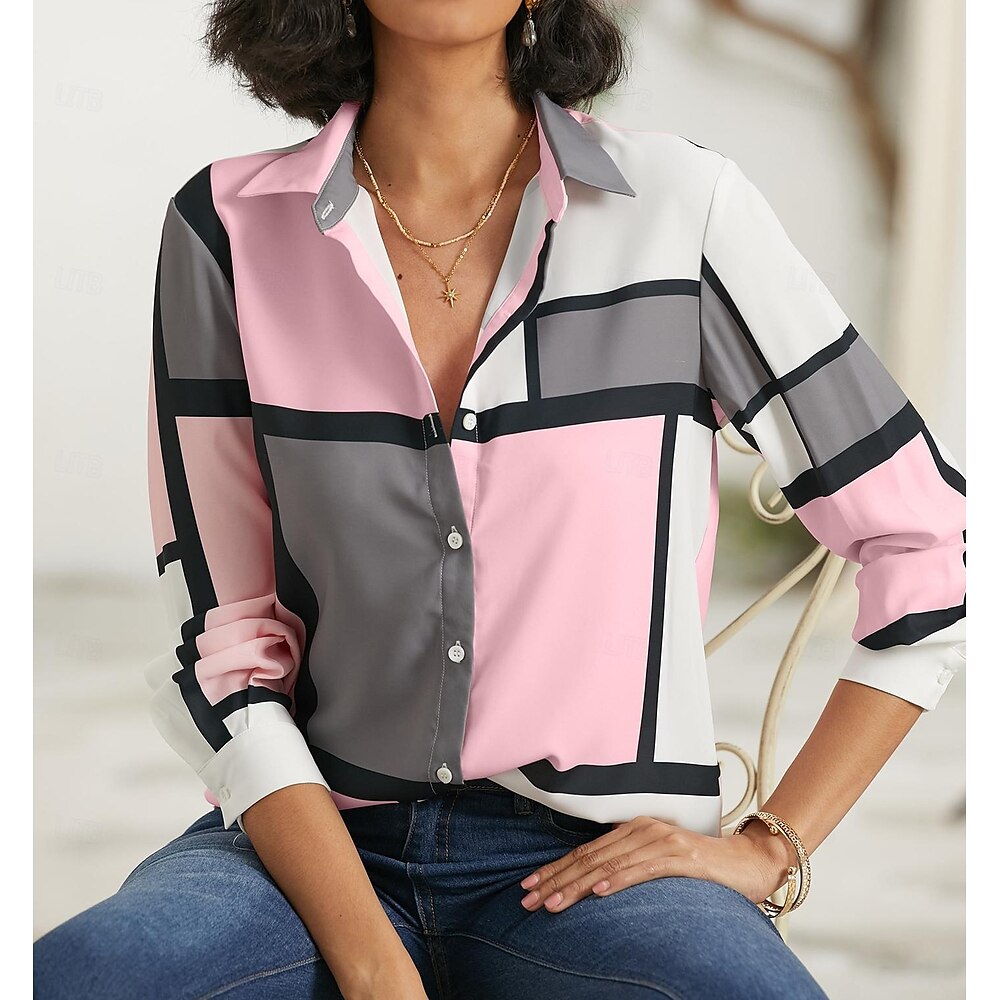 Damen Hemd Bluse Mode Plaid Knöpfe Druck Langarm Normale Oberteile Hemdkragen Casual Rosa Lila Frühlingamp; fallen Lightinthebox