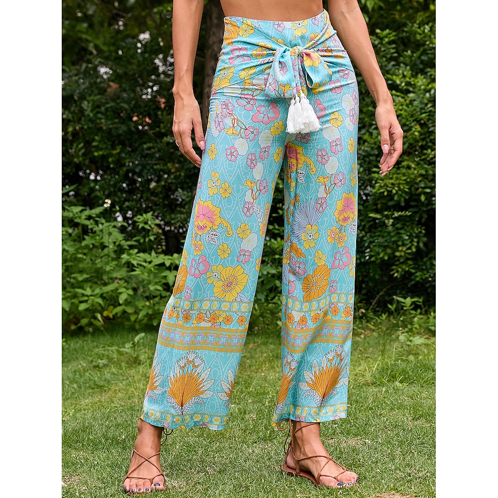 Retro Vintage 1970er Knöchellänge Hosen Hose mit weitem Bein Hippie Gebundene Taille Blumen Damen Urlaub Casual Erwachsene Hosen Frühling Sommer Lightinthebox