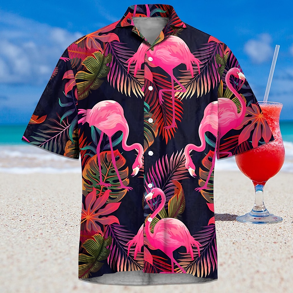 Herren Flamingo Tropisch Hawaiihemd Sommerhemd Aloha-Shirt Kurze Ärmel Hemd Umlegekragen Hawaiianisch Resort Outdoor Urlaub Strasse Weiß Rosa Blau S M L Lightinthebox